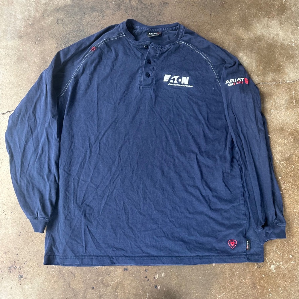 Ariat Henley Shirt Mens XL Blue Excellent FR Flame Resistant Eaton Logo Workwear